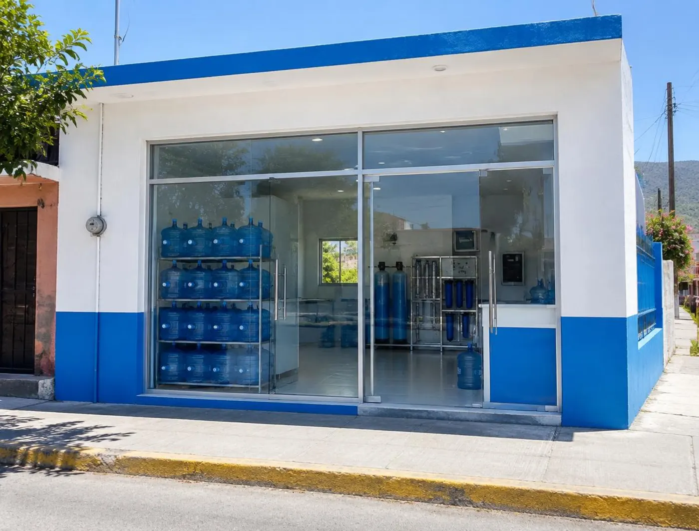 Fachada de purificadora con garrafones en el aparador