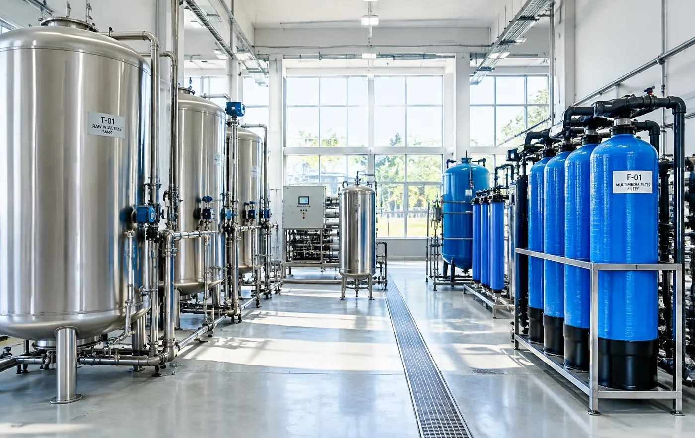 Interior de una planta purificadora con tanques de acero inoxidable y columnas de filtración azules